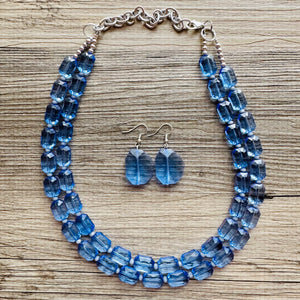 Blue Jean Baby Blue Statement Necklace, chunky bib beaded jewelry, Periwinkle royal blue necklace, dark blue beaded acrylic gray silver aqua