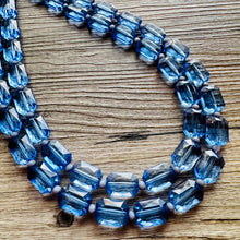 Load image into Gallery viewer, Blue Jean Baby Blue Statement Necklace, chunky bib beaded jewelry, Periwinkle royal blue necklace, dark blue beaded acrylic gray silver aqua