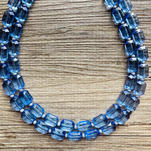 Blue Jean Baby Blue Statement Necklace, chunky bib beaded jewelry, Periwinkle royal blue necklace, dark blue beaded acrylic gray silver aqua