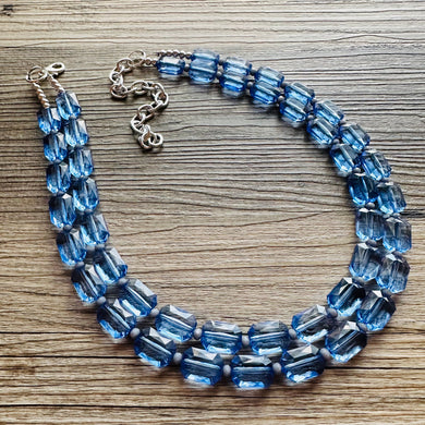 Blue Jean Baby Blue Statement Necklace, chunky bib beaded jewelry, Periwinkle royal blue necklace, dark blue beaded acrylic gray silver aqua