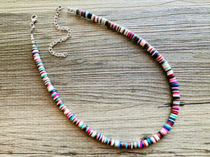 West Coast Rainbow Heishi Beaded Necklace, Colorful Jewelry, Chunky statement necklace, beaded necklace, color block necklace