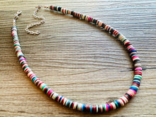 Load image into Gallery viewer, West Coast Rainbow Heishi Beaded Necklace, Colorful Jewelry, Chunky statement necklace, beaded necklace, color block necklace