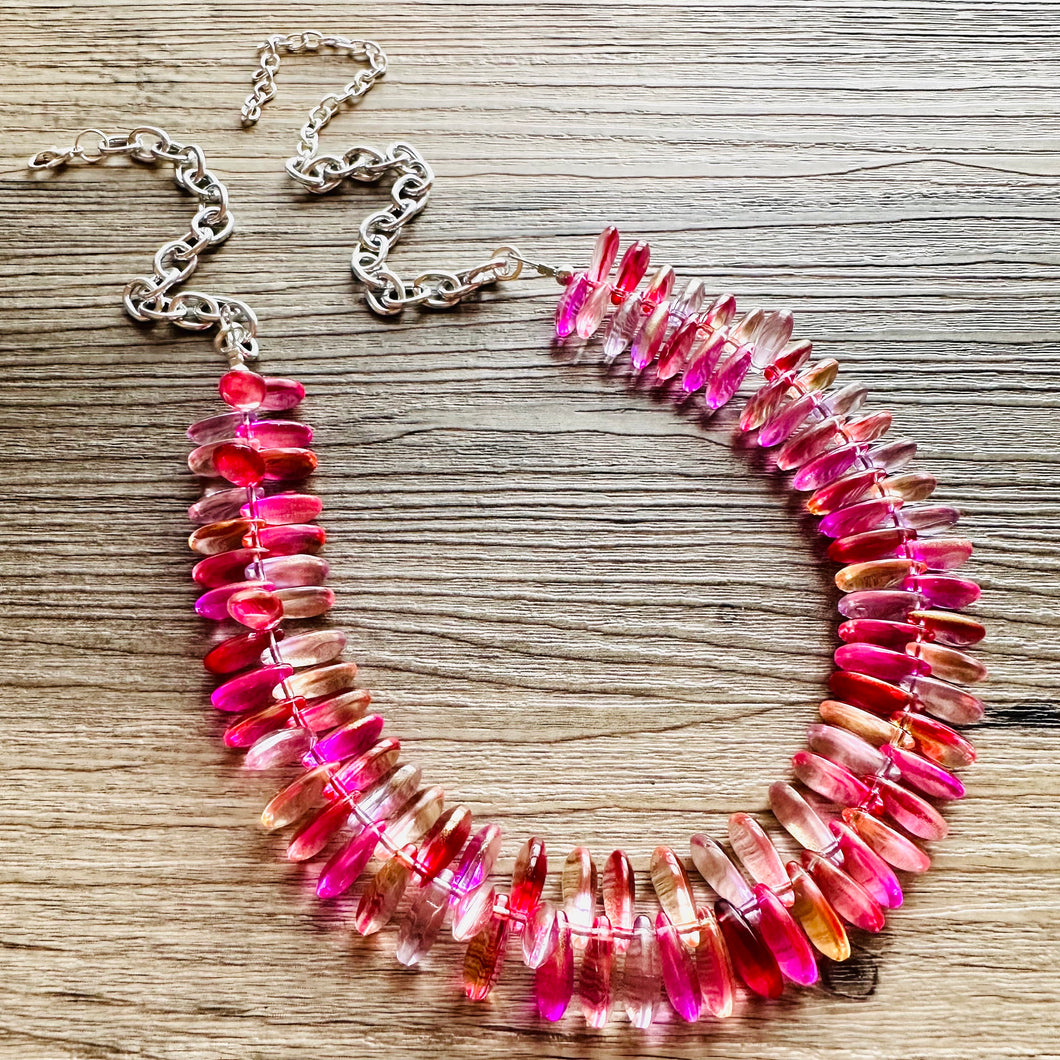 Glow Stick Glass Pinks Multi Color Chunky Statement choker Necklace single strand, multi color jewelry, rainbow single strand jewelry