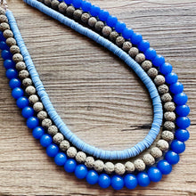 Load image into Gallery viewer, Summertime Storm Blue Chunky Statement Necklace, big Beaded thick Jewelry, Triple Strand wedding or everyday dress bridesmaid