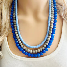 Load image into Gallery viewer, Summertime Storm Blue Chunky Statement Necklace, big Beaded thick Jewelry, Triple Strand wedding or everyday dress bridesmaid
