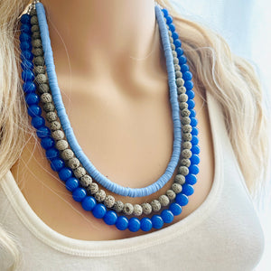 Summertime Storm Blue Chunky Statement Necklace, big Beaded thick Jewelry, Triple Strand wedding or everyday dress bridesmaid