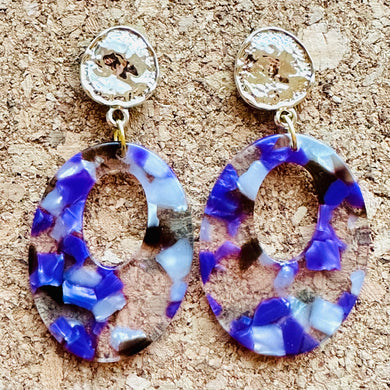 Mirror Gold & Purple Resin Confetti Statement Earrings, gold drop Metal Filigree Earrings, filigree jewelry, metallic earrings geometric
