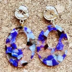 Mirror Gold & Purple Resin Confetti Statement Earrings, gold drop Metal Filigree Earrings, filigree jewelry, metallic earrings geometric
