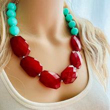 Load image into Gallery viewer, Maroon &amp; Mint Big Bead Necklace, single Strand Statement Jewelry, deep red mint green Chunky bib bridesmaid burgundy everyday bubble jewelry