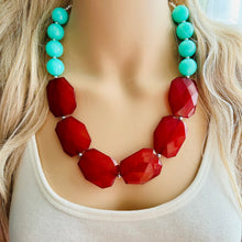 Load image into Gallery viewer, Maroon &amp; Mint Big Bead Necklace, single Strand Statement Jewelry, deep red mint green Chunky bib bridesmaid burgundy everyday bubble jewelry