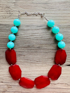 Maroon & Mint Big Bead Necklace, single Strand Statement Jewelry, deep red mint green Chunky bib bridesmaid burgundy everyday bubble jewelry