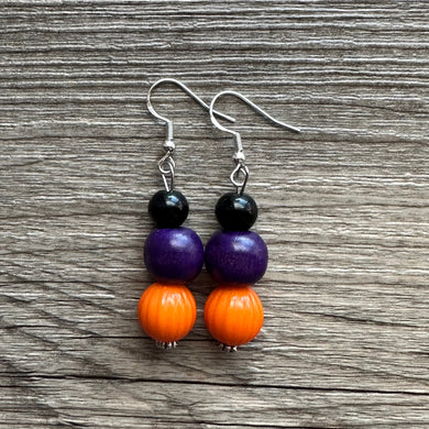 Orange Black & Purple Halloween earrings, Triple bead orange jewelry, jack O Lantern pumpkin chunky big bead statement