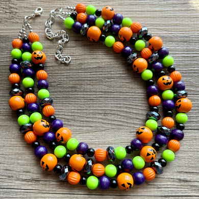 Orange Green Black & Purple Halloween Necklace, Triple strand orange jewelry, jack O Lantern pumpkin chunky big bead statement necklace