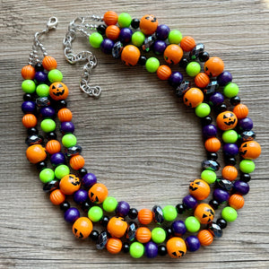 Orange Green Black & Purple Halloween Necklace, Triple strand orange jewelry, jack O Lantern pumpkin chunky big bead statement necklace