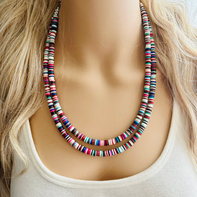 West Coast Rainbow Heishi Beaded Necklace, Colorful Jewelry, 2 strand Chunky statement necklace, beaded necklace, color block necklace