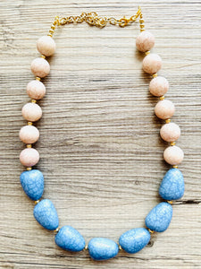 Big Bead cadet Blue & champagne Necklace, single Strand Statement Jewelry, Chunky bib bridesmaid or everyday bubble jewelry crackle