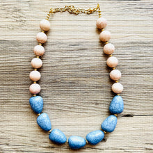 Load image into Gallery viewer, Big Bead cadet Blue &amp; champagne Necklace, single Strand Statement Jewelry, Chunky bib bridesmaid or everyday bubble jewelry crackle