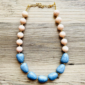 Big Bead cadet Blue & champagne Necklace, single Strand Statement Jewelry, Chunky bib bridesmaid or everyday bubble jewelry crackle