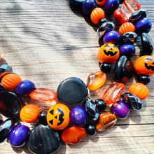 Load image into Gallery viewer, Orange Black &amp; Purple Halloween Necklace, Triple strand orange jewelry, jack O Lantern pumpkin chunky big bead statement necklace