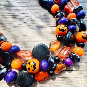 Orange Black & Purple Halloween Necklace, Triple strand orange jewelry, jack O Lantern pumpkin chunky big bead statement necklace