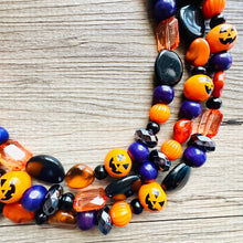 Load image into Gallery viewer, Orange Black &amp; Purple Halloween Necklace, Triple strand orange jewelry, jack O Lantern pumpkin chunky big bead statement necklace