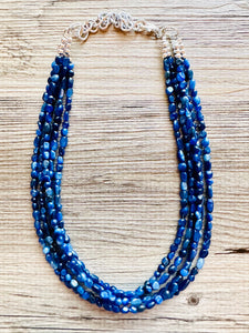 Natural Kyanite Cyanite Disthene Royal Blue Necklace, 5 Strand Statement Chunky bib bridesmaid everyday bubble jewelry, crackle beaded