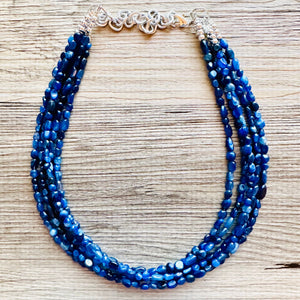 Natural Kyanite Cyanite Disthene Royal Blue Necklace, 5 Strand Statement Chunky bib bridesmaid everyday bubble jewelry, crackle beaded