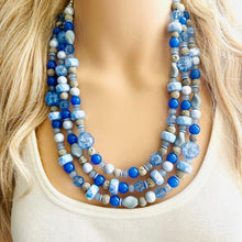 Load image into Gallery viewer, Misty Haze Blue Chunky Statement Necklace, big Beaded thick Jewelry, Triple Strand wedding or everyday dress, periwinkle lava blue earrings