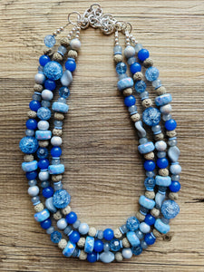 Misty Haze Blue Chunky Statement Necklace, big Beaded thick Jewelry, Triple Strand wedding or everyday dress, periwinkle lava blue earrings