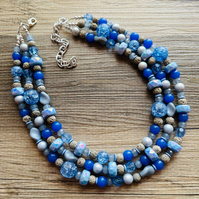 Misty Haze Blue Chunky Statement Necklace, big Beaded thick Jewelry, Triple Strand wedding or everyday dress, periwinkle lava blue earrings