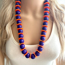 Load image into Gallery viewer, LAST ONE Orange &amp; Purple Long beaded statement necklace, single strand necklace jewelry big bead necklace, game day sports team royal