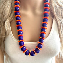 Load image into Gallery viewer, LAST ONE Orange &amp; Purple Long beaded statement necklace, single strand necklace jewelry big bead necklace, game day sports team royal