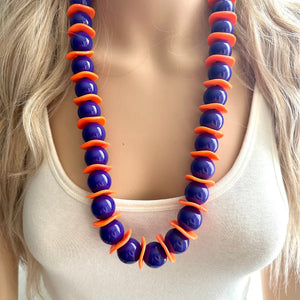 LAST ONE Orange & Purple Long beaded statement necklace, single strand necklace jewelry big bead necklace, game day sports team royal