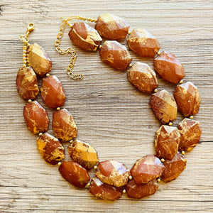 Drenched Chocolate Necklace, Double strand bright jewelry, big beaded chunky statement, summer necklace dark brown gold swirl nugget