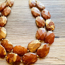 Load image into Gallery viewer, Drenched Chocolate Necklace, Double strand bright jewelry, big beaded chunky statement, summer necklace dark brown gold swirl nugget