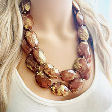 Load image into Gallery viewer, Drenched Chocolate Necklace, Double strand bright jewelry, big beaded chunky statement, summer necklace dark brown gold swirl nugget