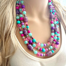 Load image into Gallery viewer, Maggie Mint Bib, Green Pink &amp; Purple statement necklace, chunky bib beaded jewelry, pink necklace, 3 strand jewelry thick earrings set