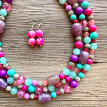 Load image into Gallery viewer, Maggie Mint Bib, Green Pink &amp; Purple statement necklace, chunky bib beaded jewelry, pink necklace, 3 strand jewelry thick earrings set