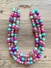 Load image into Gallery viewer, Maggie Mint Bib, Green Pink &amp; Purple statement necklace, chunky bib beaded jewelry, pink necklace, 3 strand jewelry thick earrings set