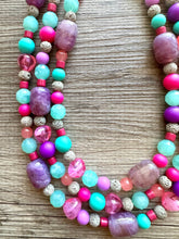 Load image into Gallery viewer, Maggie Mint Bib, Green Pink &amp; Purple statement necklace, chunky bib beaded jewelry, pink necklace, 3 strand jewelry thick earrings set