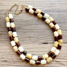 Load image into Gallery viewer, Earth Tones Statement Necklace &amp; Earring set, 2 strand champagne jewelry, wood bib chunky necklace, brown jewelry tan set drop dangle resin