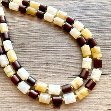 Load image into Gallery viewer, Earth Tones Statement Necklace &amp; Earring set, 2 strand champagne jewelry, wood bib chunky necklace, brown jewelry tan set drop dangle resin