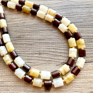 Earth Tones Statement Necklace & Earring set, 2 strand champagne jewelry, wood bib chunky necklace, brown jewelry tan set drop dangle resin