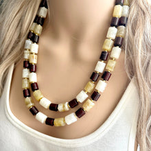 Load image into Gallery viewer, Earth Tones Statement Necklace &amp; Earring set, 2 strand champagne jewelry, wood bib chunky necklace, brown jewelry tan set drop dangle resin