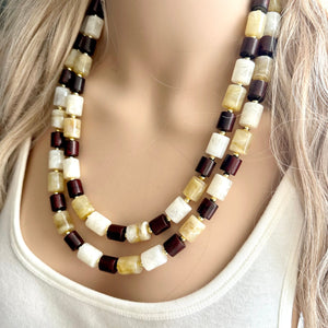 Earth Tones Statement Necklace & Earring set, 2 strand champagne jewelry, wood bib chunky necklace, brown jewelry tan set drop dangle resin