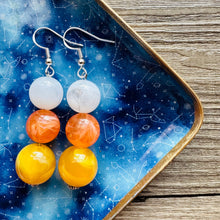 Load image into Gallery viewer, Candy Corn Halloween earrings, Triple bead orange jewelry, jack O Lantern pumpkin chunky big bead statement yellow orange white