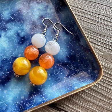 Candy Corn Halloween earrings, Triple bead orange jewelry, jack O Lantern pumpkin chunky big bead statement yellow orange white