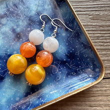 Load image into Gallery viewer, Candy Corn Halloween earrings, Triple bead orange jewelry, jack O Lantern pumpkin chunky big bead statement yellow orange white