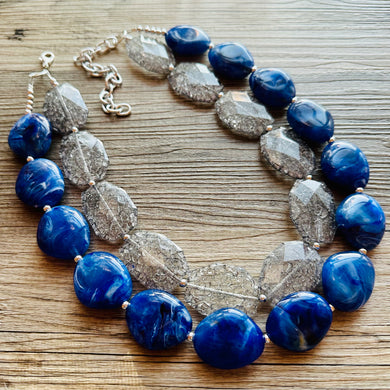 Blue & Gray Big Beaded Necklace, multi strand jewelry bib collar chunky statement necklace, royal blue necklace, bridesmaid necklace
