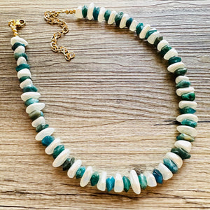 Natural Hawks Eye Emerald Chunky Statement Necklace, layering gem jewelry beaded gold single strand beaded, OOAK green white pearl gemstone